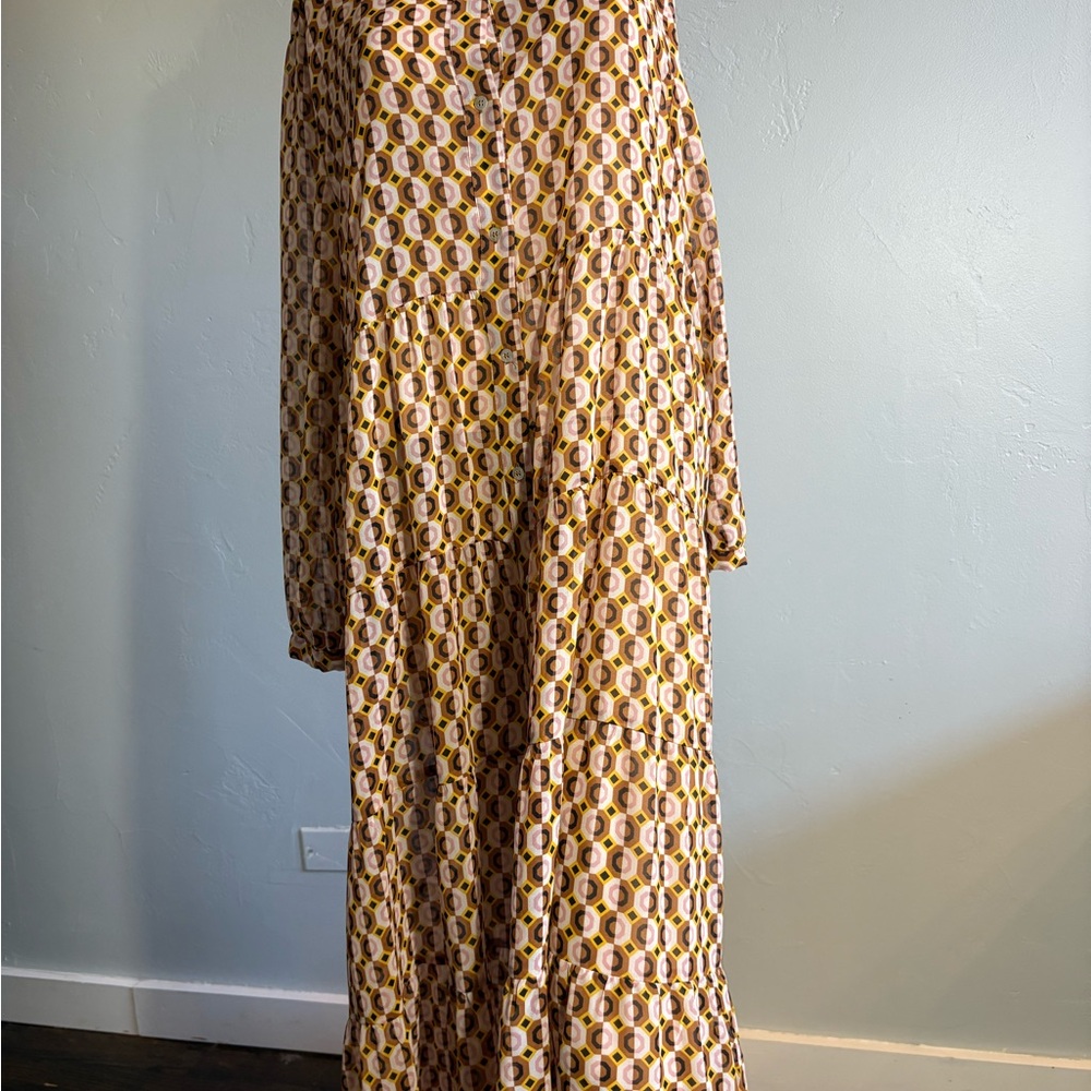 Zara Geometric Pattern Shirt Dress in Cream and Brown Size XL